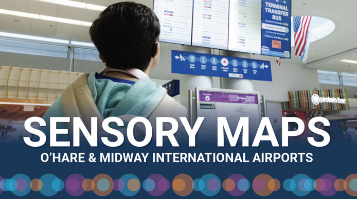 Photo titled ‘Sensory Maps: O’Hare & Midway International Airports.’ A traveler wearing a mint green hoodie with a tan bookbag is seen from behind looking at large flight information display and directional signage inside the terminal. A U.S. flag hangs above.