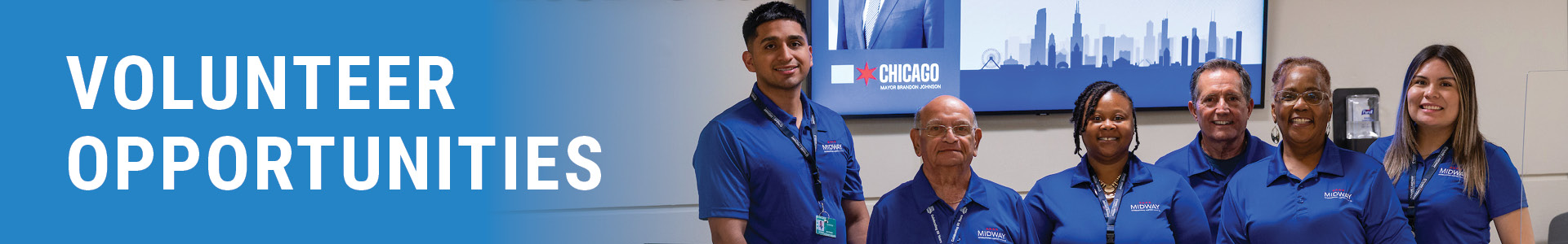 A website banner in blue with white text Volunteer Opportunities and a group of  people smiling